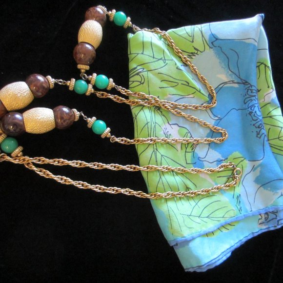 Cadoro Long Chain Necklace Decorated Large Green & Gold Beads Designer Tag Mark - Picture 14 of 14